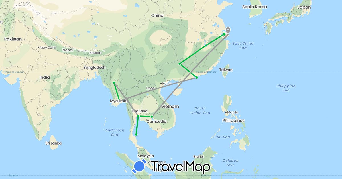 TravelMap itinerary: driving, bus, plane in China, Hong Kong, Myanmar (Burma), Thailand (Asia)